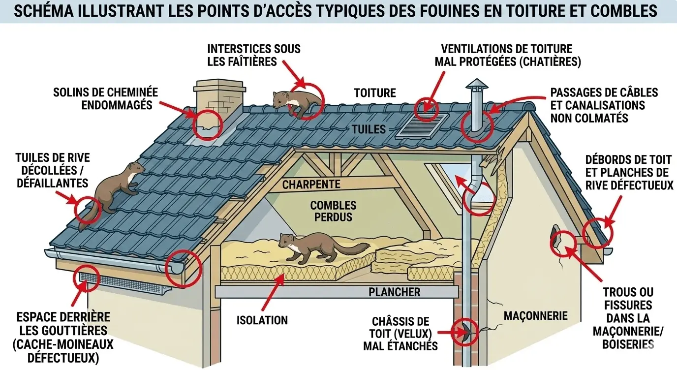 Schéma illustrant les points d'accès typiques des fouines en toiture et combles